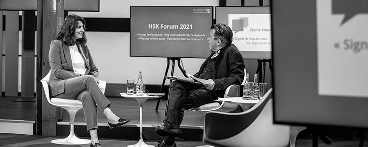 Eliane Kreuzer, Geschäftsführerin Einkaufsgemeinschaft HSK, im Gespräch mit Stephan Klapproth (Credits: L. Pitsch)