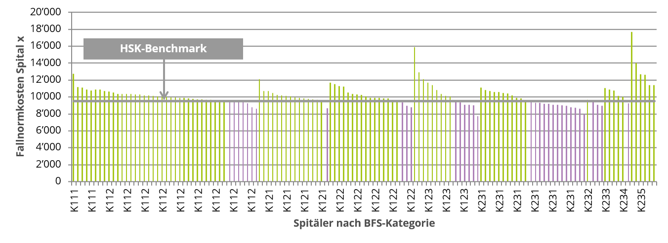 Abb. 2: Effiziente Spitäler nach BFS-Kategorie*  , Quelle: HSK-Benchmark SwissDRG, Tarifjahr 2021